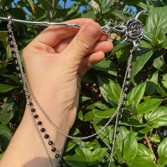 Gothic Rose Hairpin & decorative Chain engraved details Silver Tone New - Picture 5 of 8